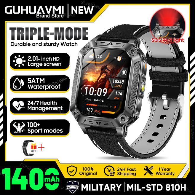 New Outdoors Durable Military Men Smart Watch 1400mAh battery 5ATM Swim LED flashlight+SOS Red Light Sports Call Smartwatch