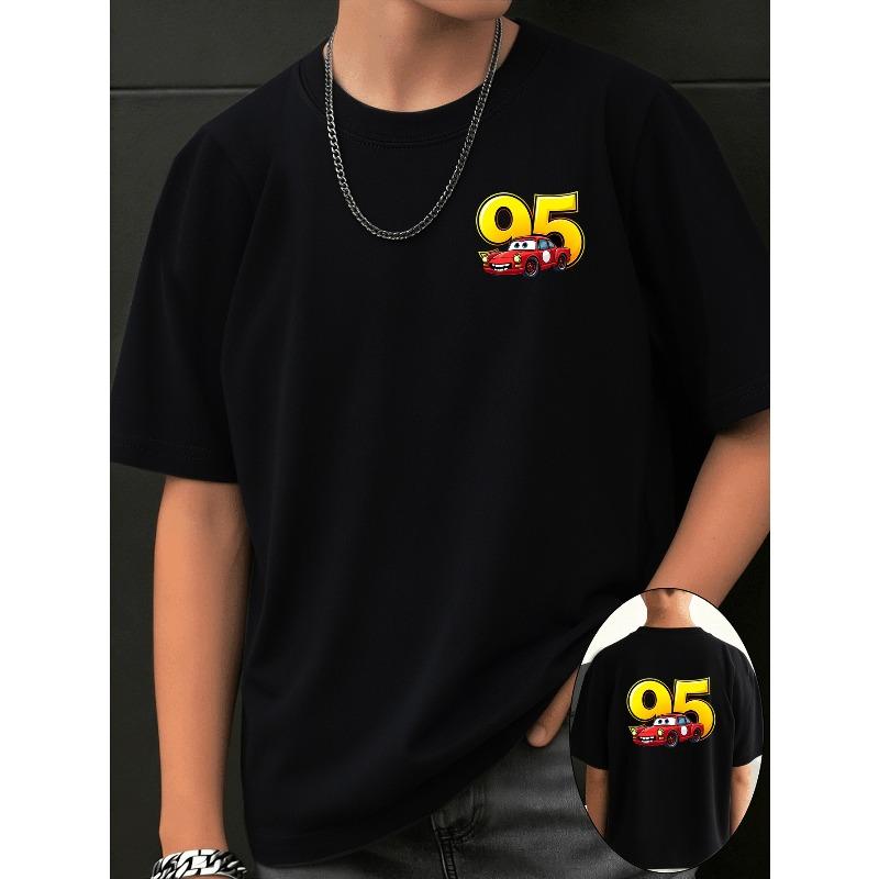 European sizes Red Car Number Cartoon Boys' Double-Sided Printed T-Shirt, Soft And Comfortable Summer Fashion Round-Neck Top, Suitable for Outdoor