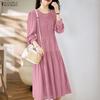 Women Casual Round Neck Solid Color Long Sleeve Loose Dress