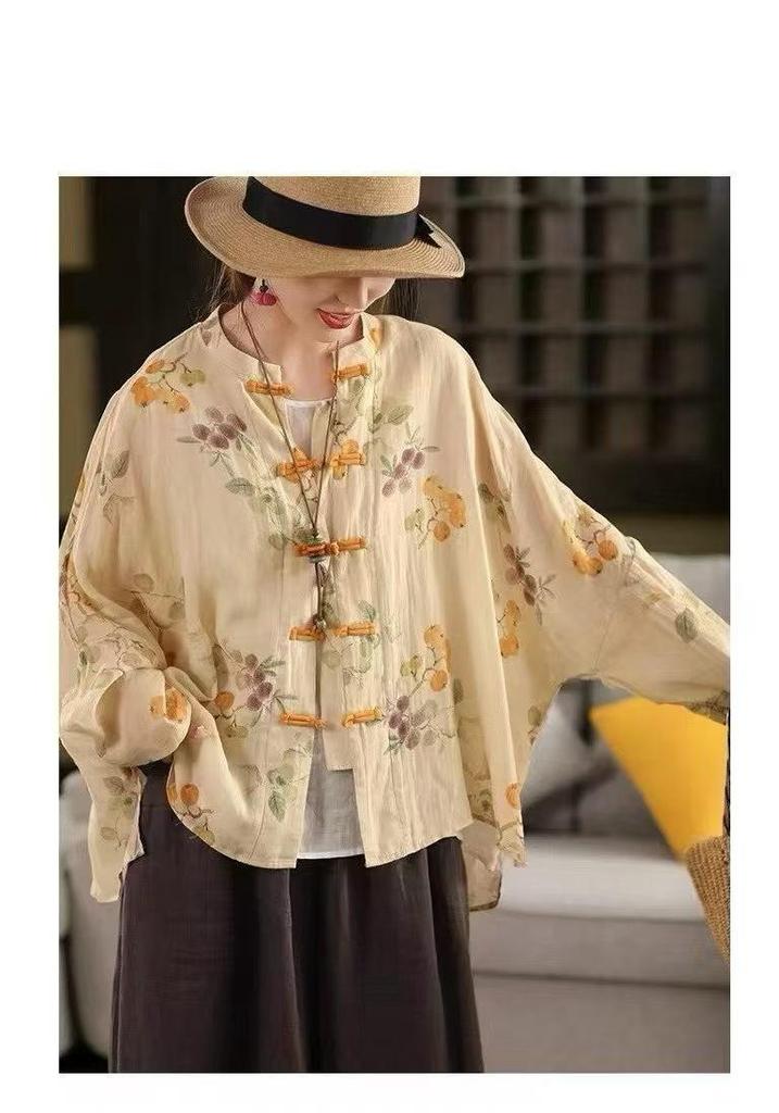 2026 Spring/Summer Women's Chinese-Style Elegant Print Stand-Up Collar Long-Sleeve Ramie Shirt
