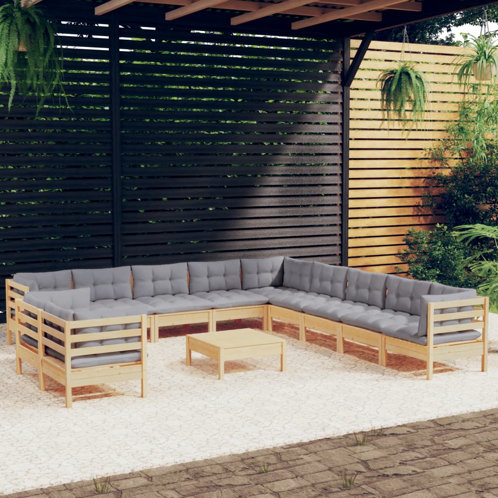 12 Piece Garden Lounge Set with Grey Cushions Solid Pine Wood