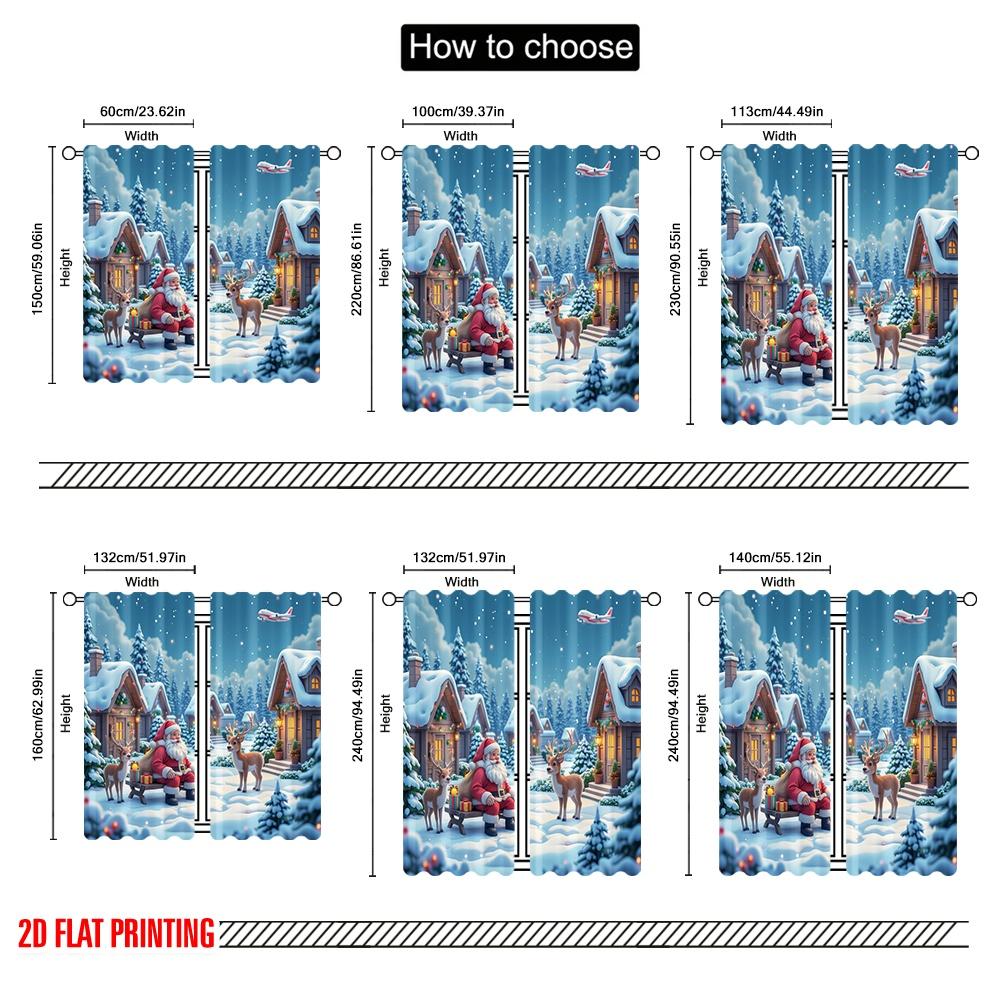 2pcs 2D flat printing Christmas Scene Curtain Christmas Celebration Winter Scene 100% Polyester Fabric Without Electricity