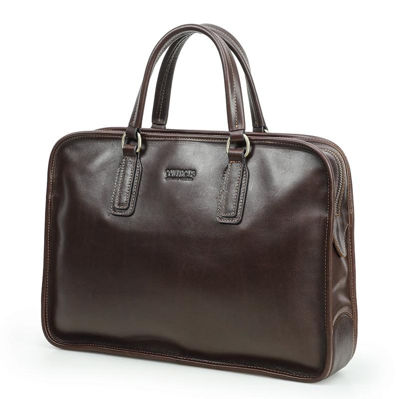 Men Full Grain Waxed Leather Briefcase Fits 14 Inch Laptop Business