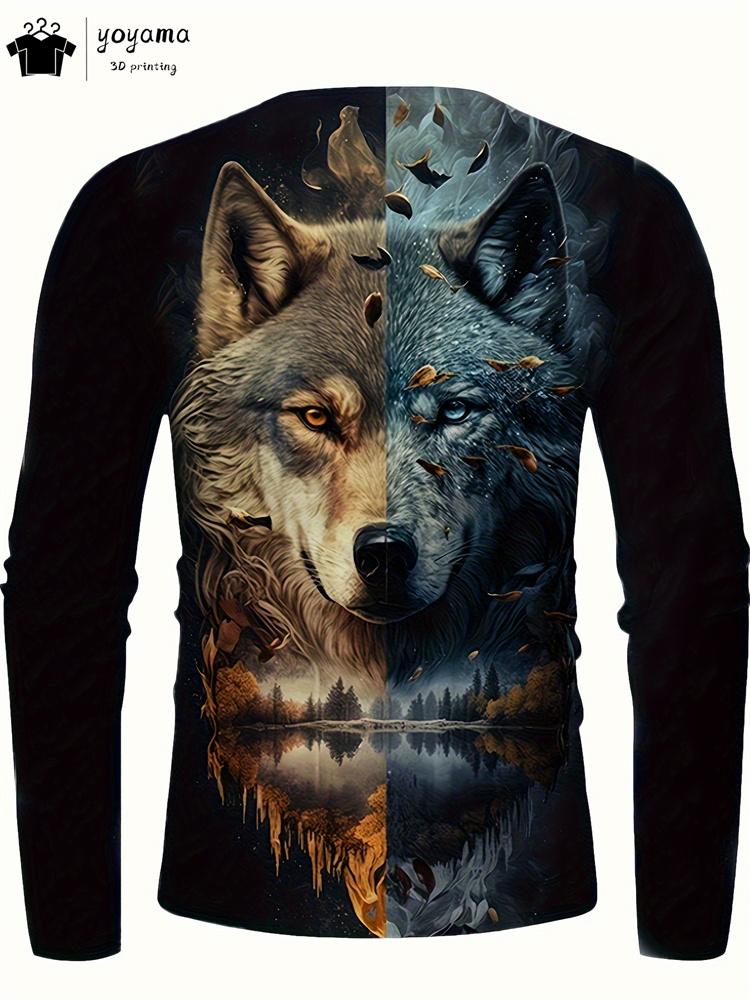 Wolf Print Men's Long Sleeve T-shirt Y2k Clothes Vintage Wolf Graphic T shirts Breathable T-shirts for Men Simple Men's Clothing