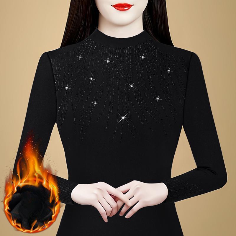New Winter Double-sided German Velvet Ironing Diamond Base Shirt for Women Long-sleeved Half-high Neck Fashionable Slim T-shirt Top
