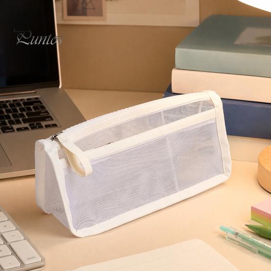 Lightweight Stationery Organizer Exam Pencil Case for Students, Double Layer Clear Mesh Pouch, Moisture-proof Bag Large Capacity Transparent