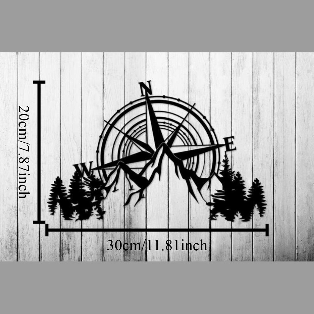 Metal Compass Wall Art, Mountain Scene, Farmhouse Decor, Rustic Compass Metal Sign, Outdoor Garden Ornament