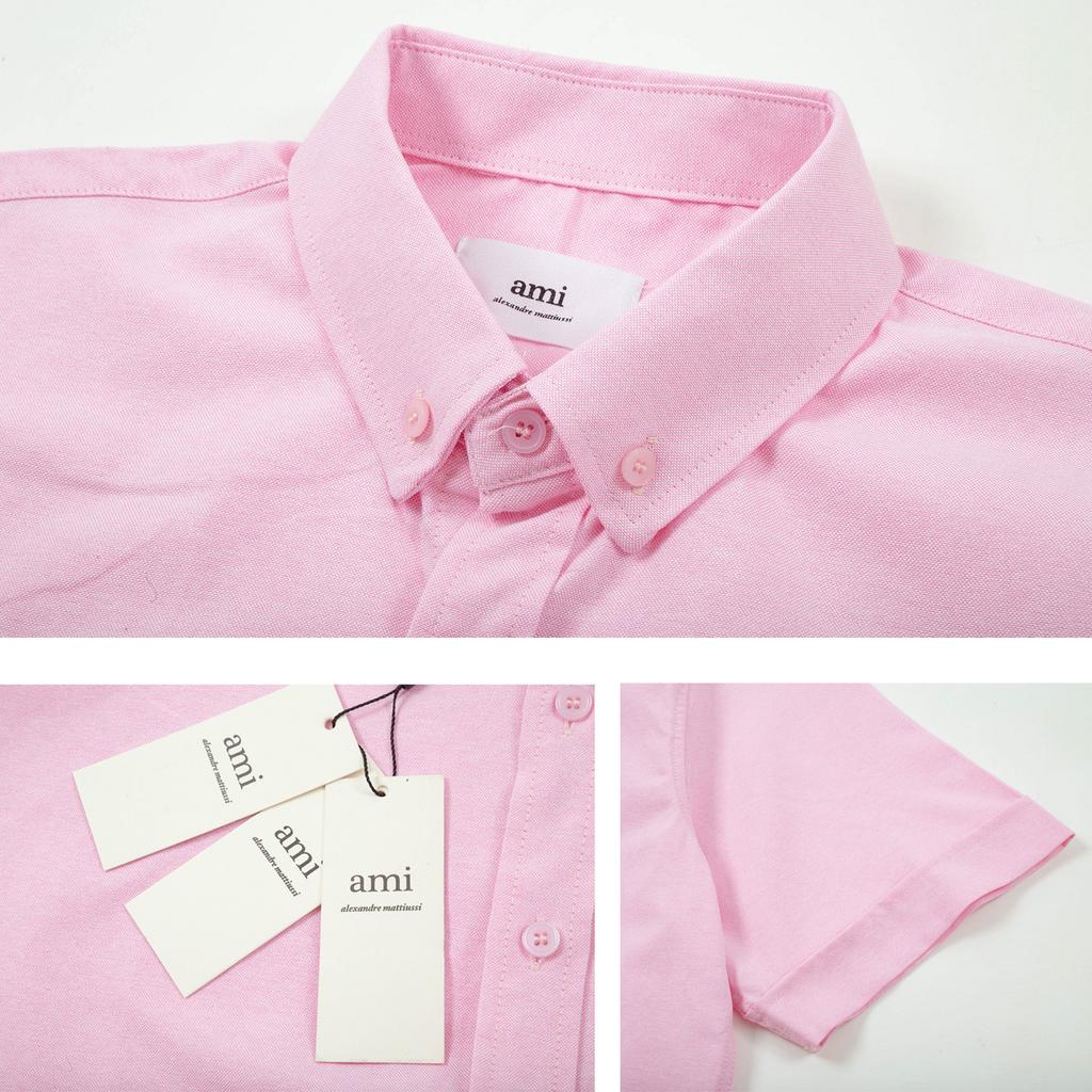 AMI Klassisches Frühling- und Herbst-Baumwoll-Freizeit-T-Shirt mit rotem Herz-Stickerei und kurzen Ärmeln in Unifarben auf der Brust