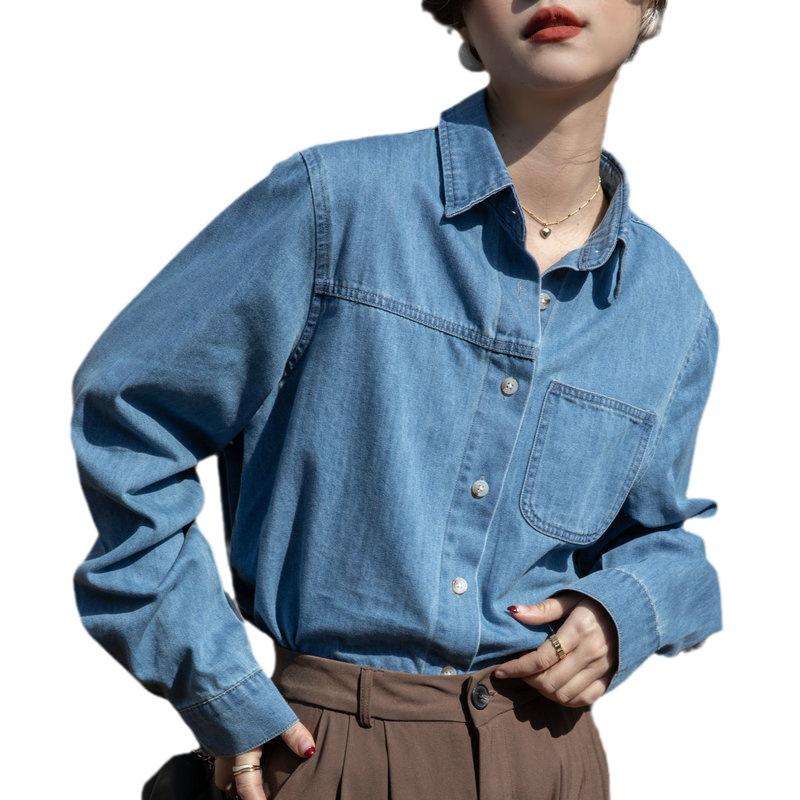 Damska koszula dżinsowa z długim rękawem - Wiosna/Jesień 2025 Retro francuski dopasowany krój