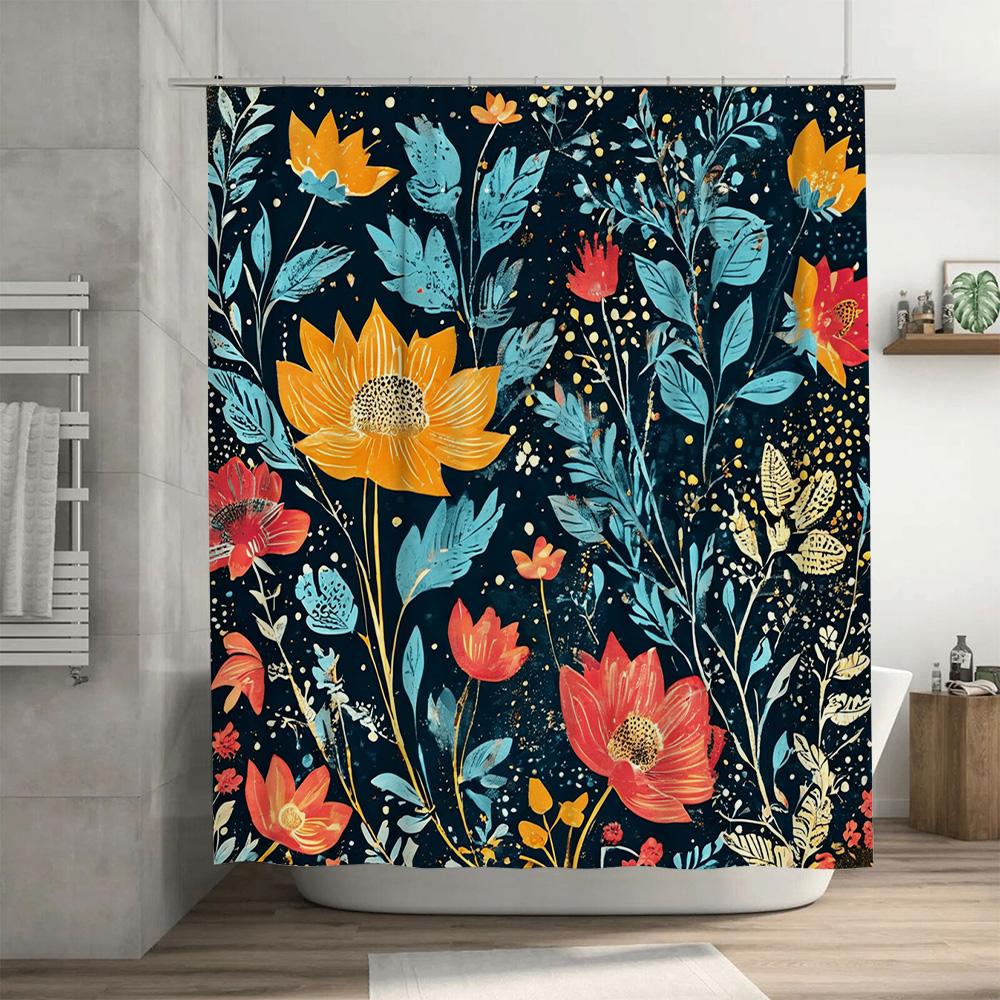 Modern Bathroom Decor: Eye-Catching Floral Shower Curtain Set in Blue, Yellow Red Perfect for Bathrooms, Bedrooms or Living Room