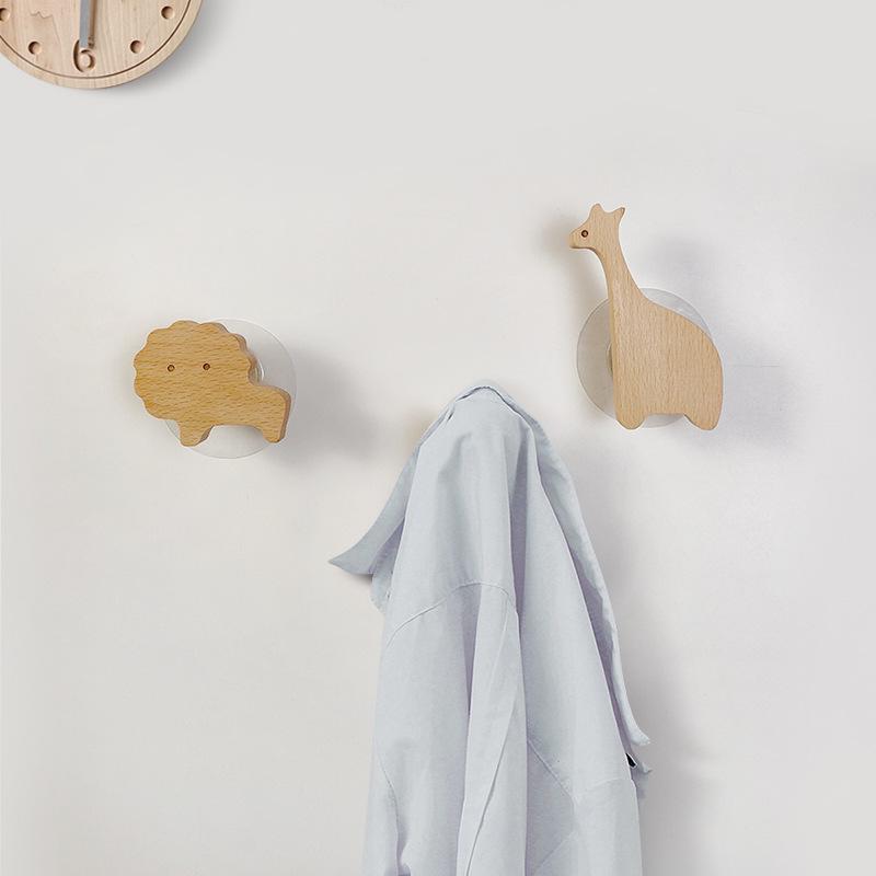 Creative Beech Wood Adhesive Hooks – Funny Animal Design Coat & Hat Hooks for Behind-the-Door Use