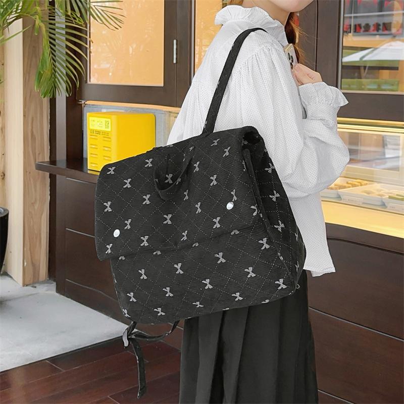 Vintage Corduroy Backpack Women's Bow Print Large Capacity Backpack