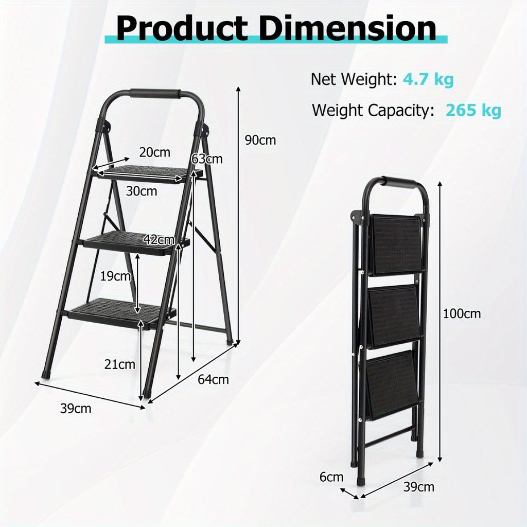 3-Step Folding Ladder Portable Stool Ladders Metal Heavy-Duty Stepladder 150kg Load Household w/Anti-Slip Pedal Handle Black