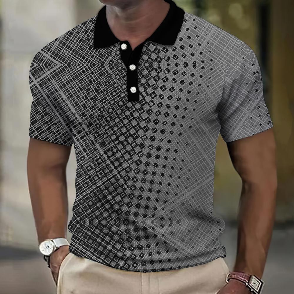 Men's 3D Plaid Print Casual Loose Short Sleeve Polo Shirt
