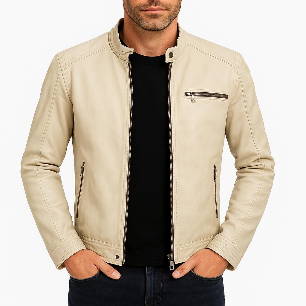 

Noora Men s Real Lambskin Cream Cafe Racer Leather Shirt Stylish Biker XL