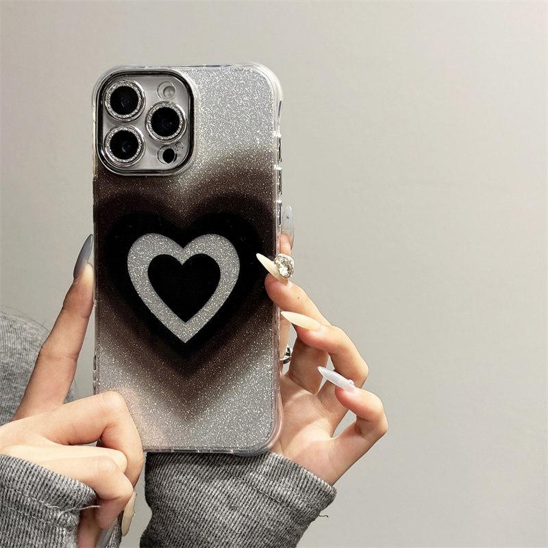 

Стильный черный градиентный чехол с блестками в виде сердца и камеры, стеклянная пленка для телефона iPhone 16 15 14 13 12 11 Pro Max Plus iPhone 11