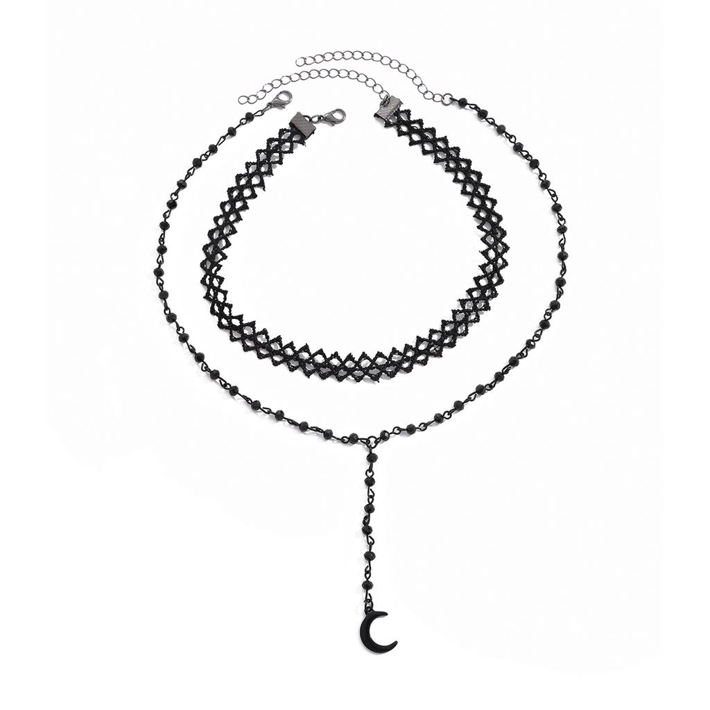 Vintage sweet and cool black love heart pendant collar, Spice Girl lace crescent moon tassel double necklace.