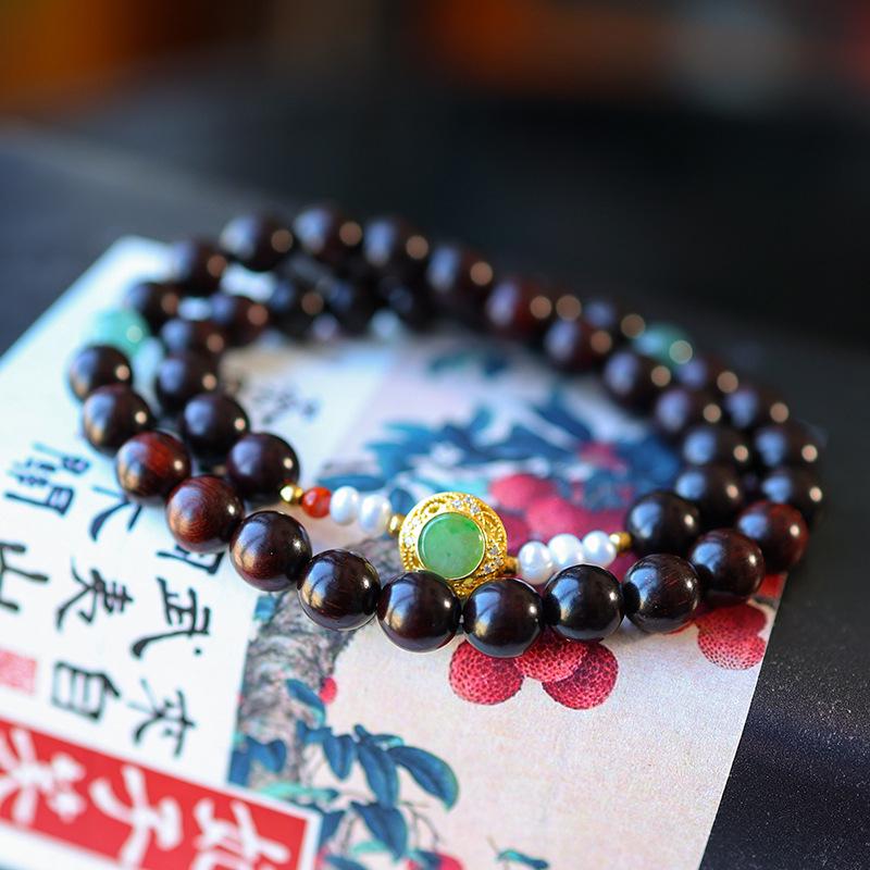 HD Red Sandalwood  Pearl Agate Two-Circle Bracelet with S925 Jade Inlay About 8mm