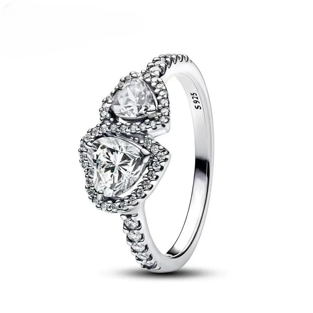 Luxury 925 Silver Heart-shaped Bow Flower Ring Fit Women's High-end Jewelry Parties Valentine's Day Gifts