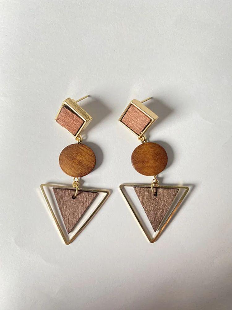Korean Version Retro Style Natural Wood Geometric Triangle Round Earrings Long Temperament Generous