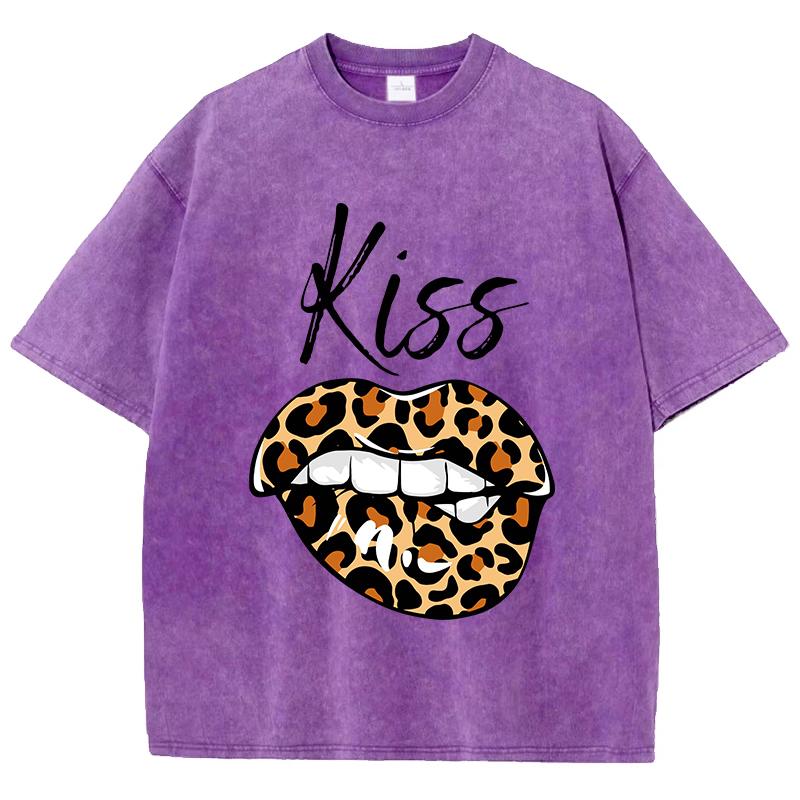 LeopardPrint Lips Kiss Prints Washed T Shirt Women Cotton Streetwear Distressed ONeck Comfortable Tops Summer Womans Clothes