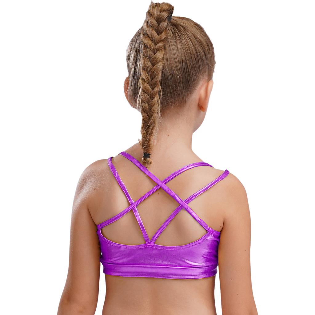Girls Gymnastics Dance Camisole Crisscross Strappy Back Metallic Crop Top