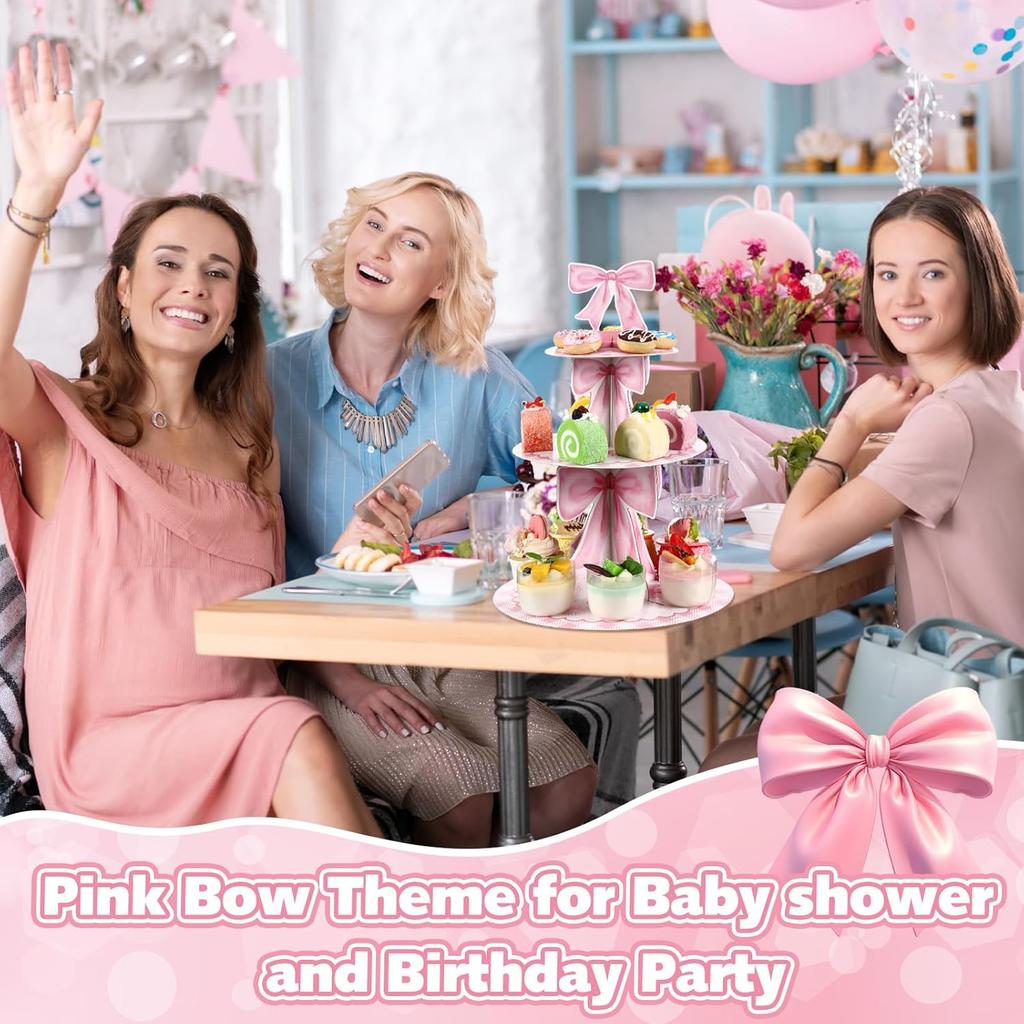 3 Tier Pink Bow Cake Stand Coquette Bow Party Birthday Cake Stand Decorations Pink Dessert Tower for Wedding Garden Birthday Party Supplies