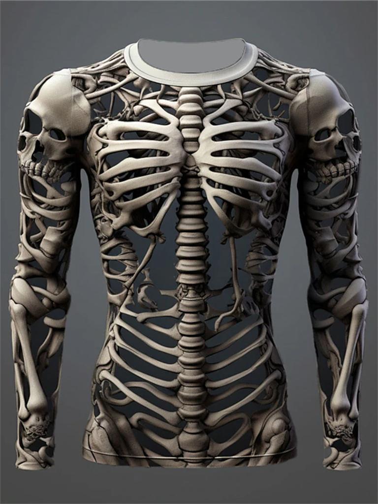 Lustiges Langarm-T-Shirt mit 3D-Totenkopf-Print für Herren, lässig, O-Ausschnitt, Baumwolle, lockere Oberteile, modische Kleidung mit menschlichem Knochenmuster, Herbst-T-Shirts