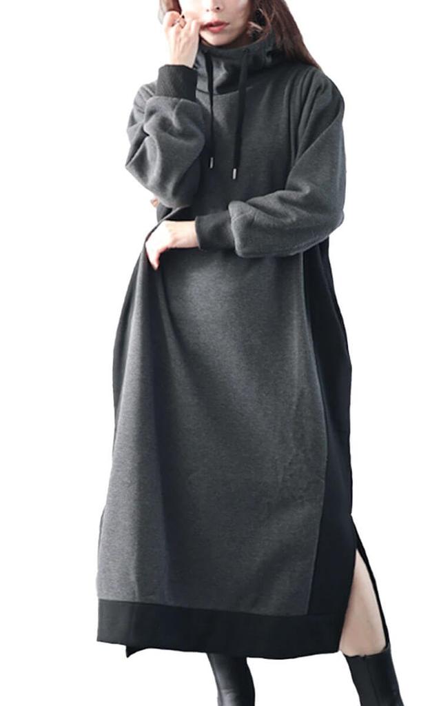 Gold Japan Plus Size Long Fleece Women's Dress, Sleeve, Two-Tone Hoodie, Lining, Anti-Static, Stretch, Fall/Winter, Charcoal, 4L, plan-460014