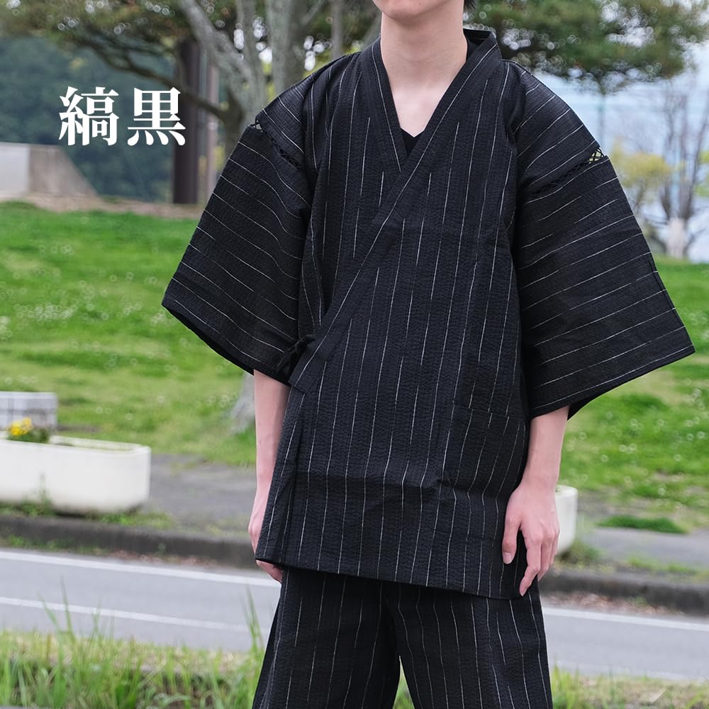 Jinbei Cotton Linen Pajamas Stylish Loungewear Summer Gift for Striped LL No-brand Men's Set, Father's Day, Black,