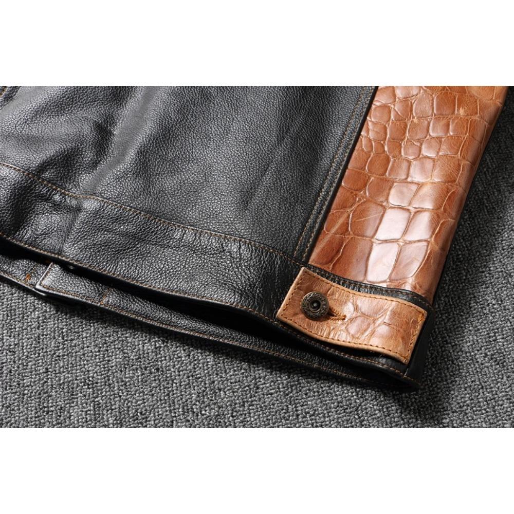 Chinese Size Cow Leather Patchwork Contrasting Lapel Leather Jacket for Men Casual Jacket Leather Coats Genuine Cowhide Leather Jacket Men