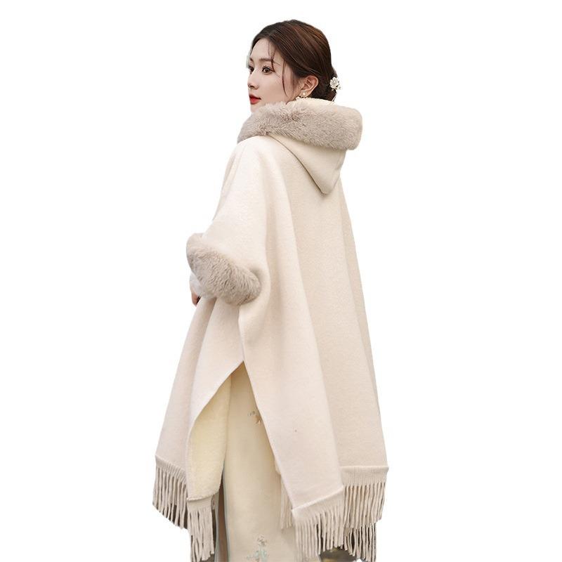 Winter woolen cloak shawl jacket 1011 new white plush thickened warm cheongsam with winter wear