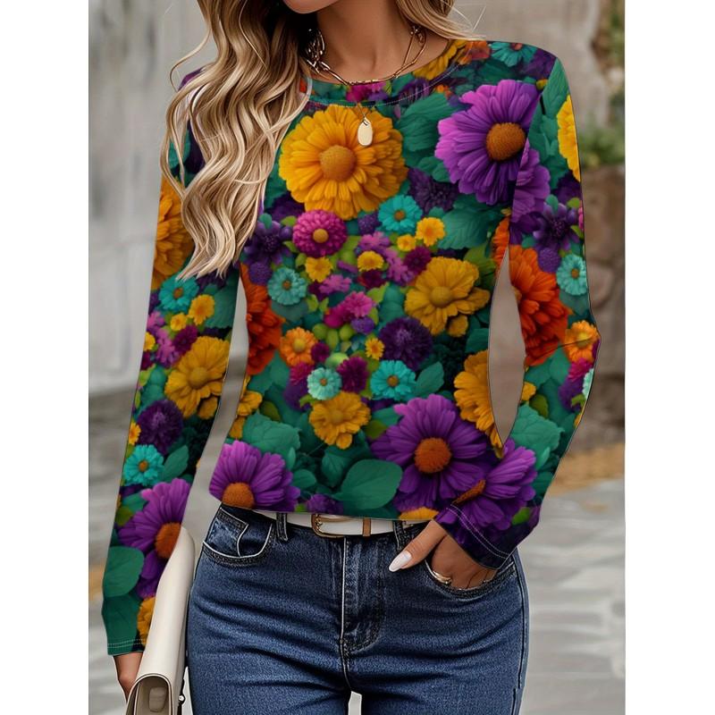 Womens Long Sleeve Crew Neck T-Shirt With 3D Flamingo Print Soft Milk Silk Fabric Loose Fit Casual 2025