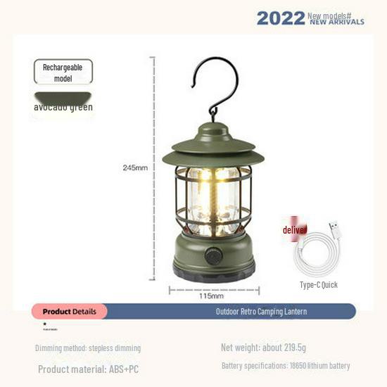 Retro LED Camping Lantern: Portable, Multifunctional, Outdoor, Type-C Rechargeable Tent Light.