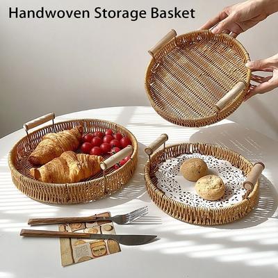 Speiseteller Handgewebt Kunststoff Rattan Aufbewahrungstablett Runde Form Obst Gemüse Kuchen Weide Rattanfäden Korb mit Griff