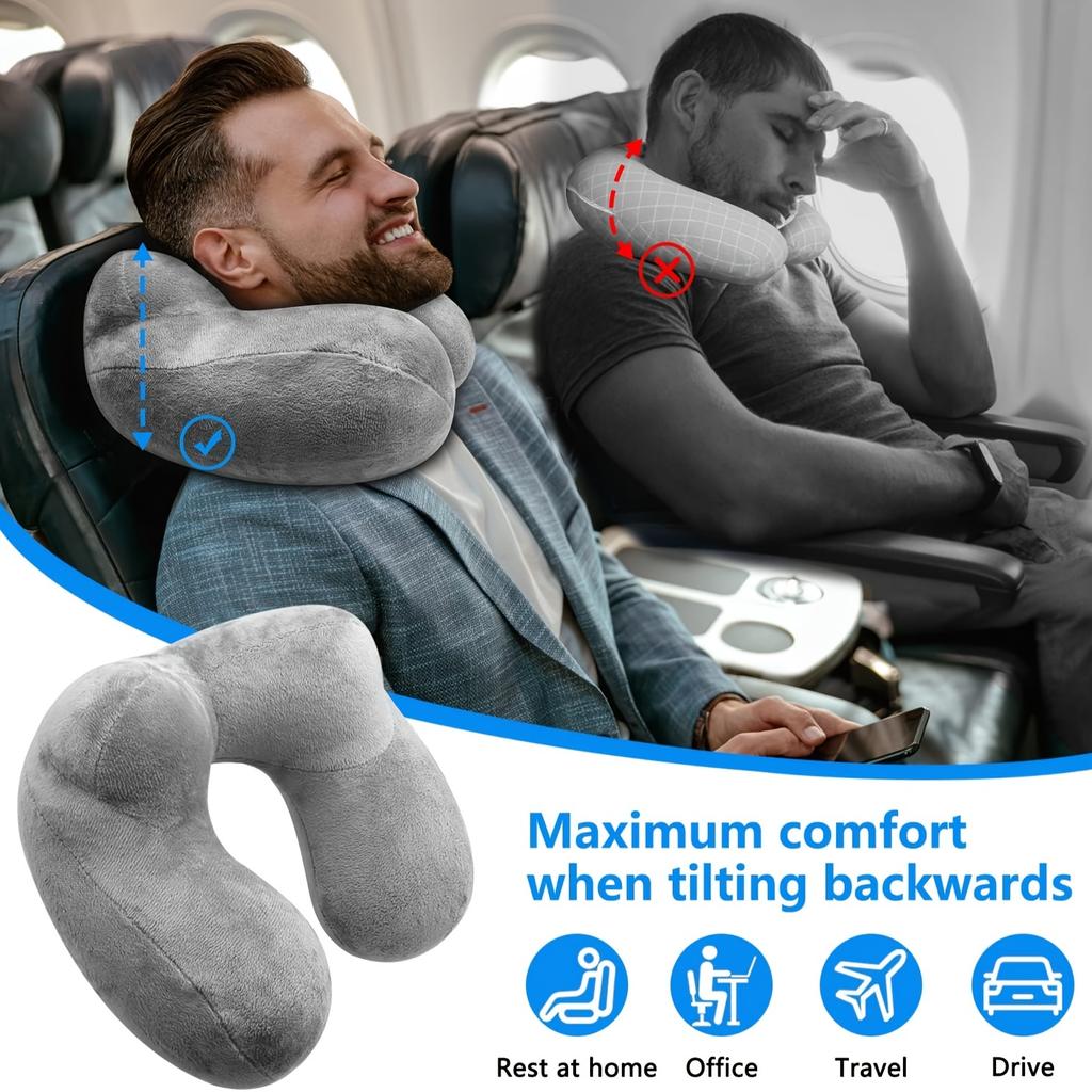 Inflatable Travel Pillow with Soft Velvet Cover & Carry Bag, Neck Support for Airplane, Car, Office & Adult Sleeping