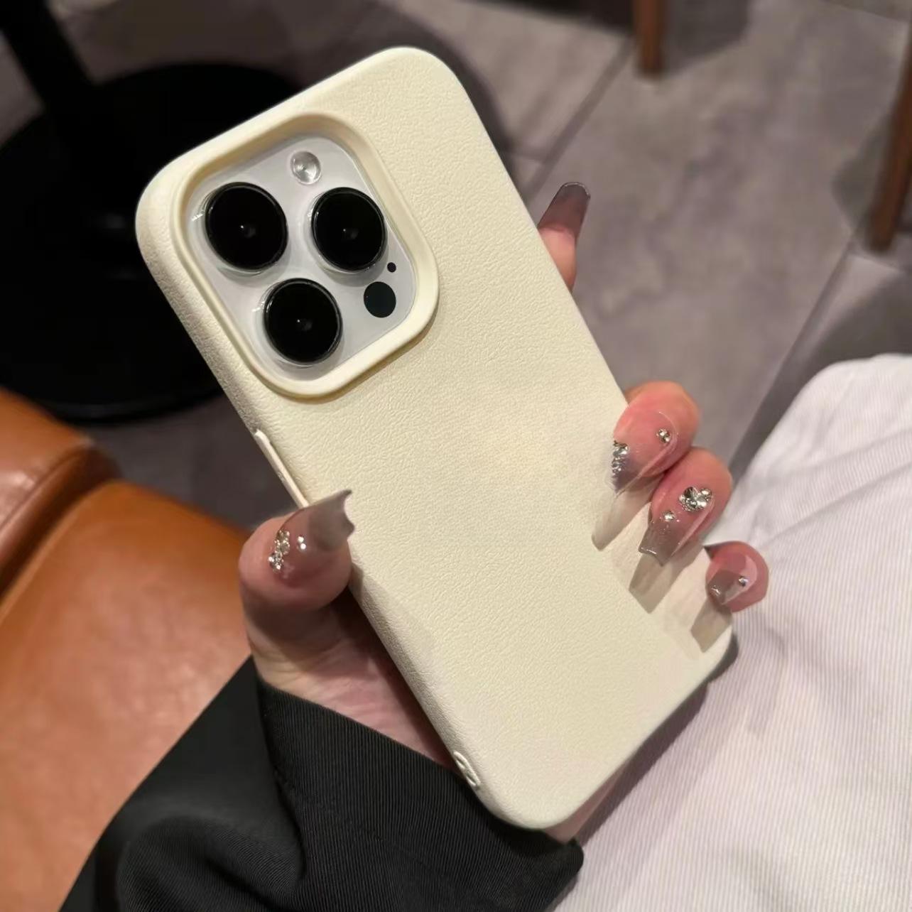 

Чехол для мобильного телефона с имитацией кожи личи, подходит для iPhone16pro, простой защитный чехол 14max, мягкий чехол Apple 15 iPhone14Pro белый