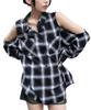 WEGO Open Shoulder Checked Big Long Sleeve Oversized Street Size Black Women's Shirt, Top, Autumn/Winter Clothes, Silhouette, Style, Girly, F,