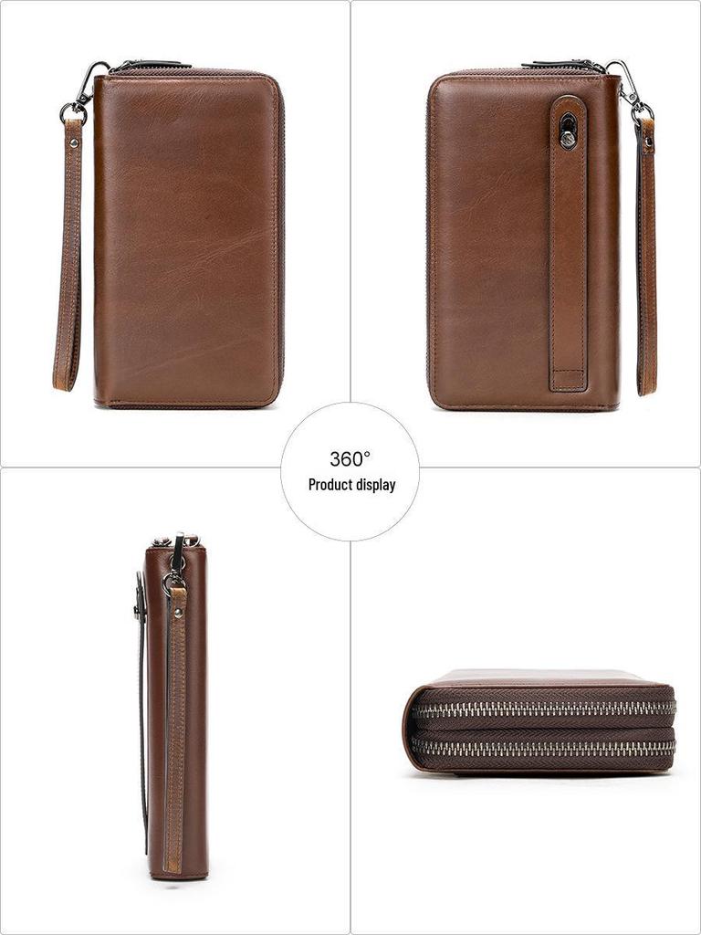 Malunt Men's Genuine Leather Multifunctional Long Wallet Clutch with Zipper