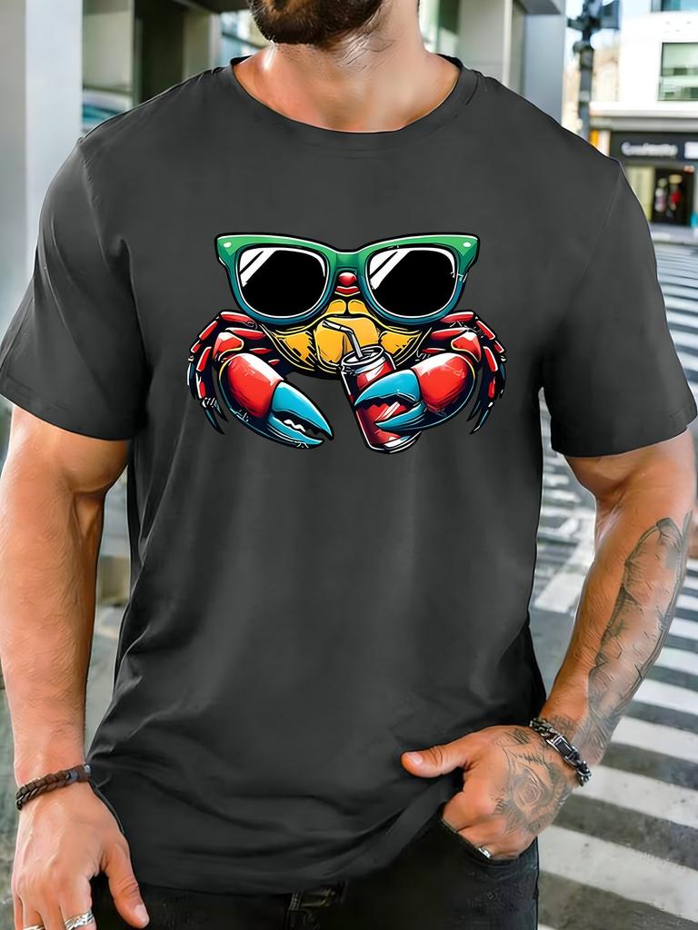 Trendy Sunglasses Crab Soda Drink Graphic Unisexs Soft Cotton Short Sleeve Crew Neck Tee Casual Beach Daily Loose Street Wear Top