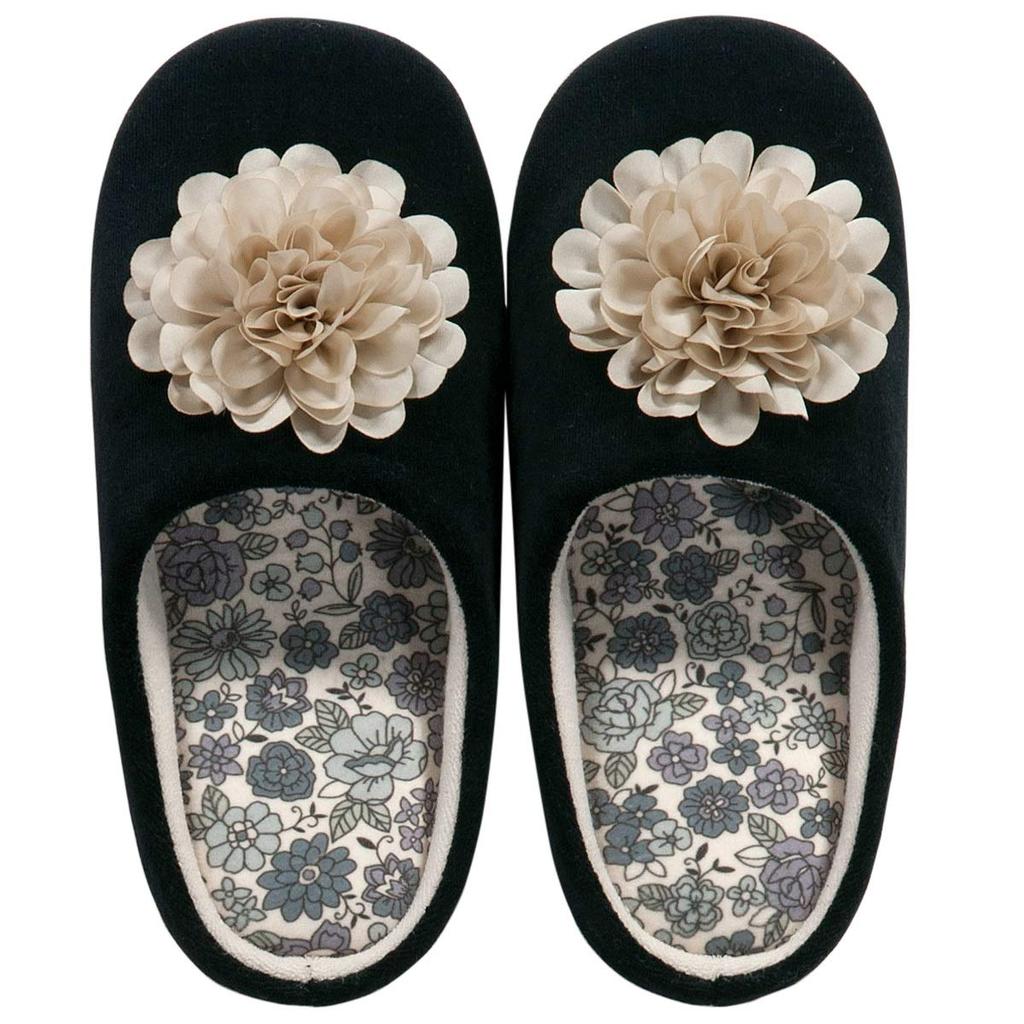 Senko Charlotte Floral Motif Memory Foam 63192 S.D.S Slippers, Approx. 24cm, Black, Sole,