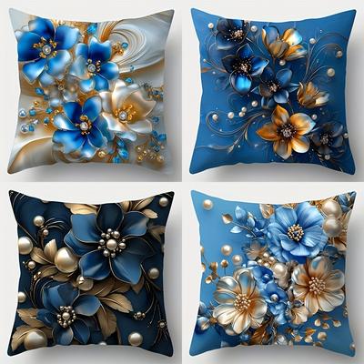 Heimdeko Blau Gold Floral Dekoratives Digitaldruck Kissenbezug Muster Kissenbezug Geeignet für Sofa Schlafzimmer Auto Kissenbezug