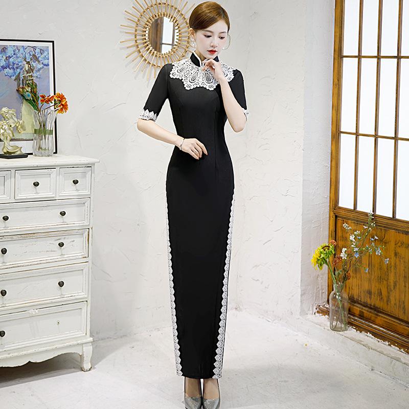 Long improved version Young medium-sleeved etiquette Bride mother wedding dress catwalk cheongsam New autumn and winter