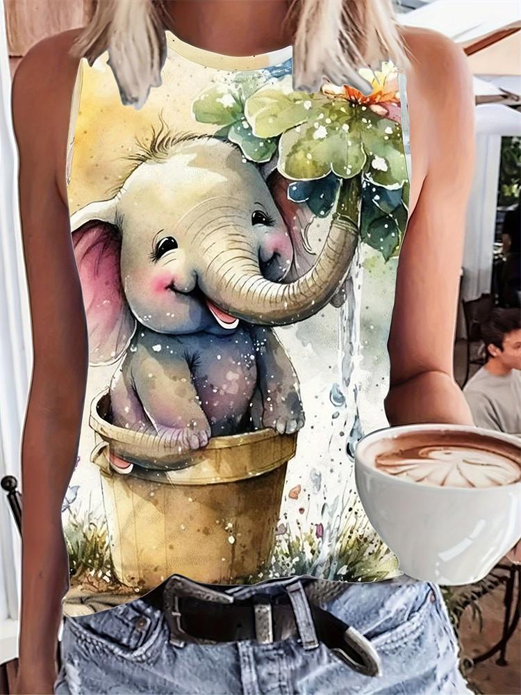 Top na ramiączkach w stylu vintage Etniczny nadruk 3D Damski casualowy letni podkoszulek z okrągłym dekoltem Odkryte ramiona Y2k Bezrękawnik Damski Top Odzież