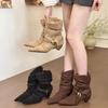 Fashion Design High-end  Retro Pleated Pointed Toe Mid-Calf Women's Boots Suede Short Boots Fashionable Autumn Winter Style Rubber Sole