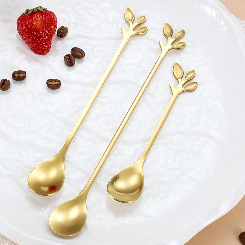 Gold Leaf Stainless Steel Spoon - Creative European Style Fruit, Coffee, Stirring, and Dessert Spoon Gift