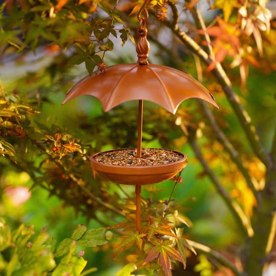 Umbrella-Shaped Bird Feeder Rustic Outdoor Wildbird Feeder with Rain Guard Decorative Hanging Platform Seeds Tray for Courtyard Balcony