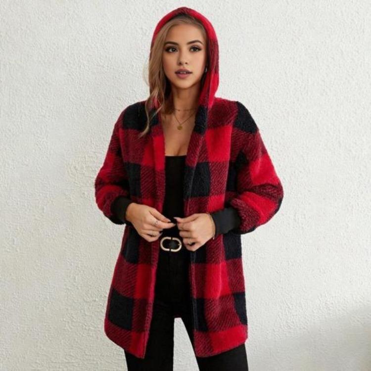 Open Front Hooded Sweater Coat Women Loose Fit Mid Length Plaid Print Knitting Long Sleeve Knitwear
