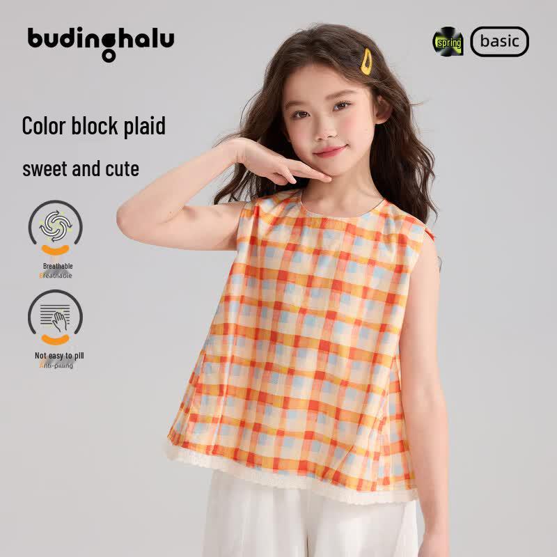 Pudding Haru Girls  Color Block Plaid Sleeveless Cotton Top 150