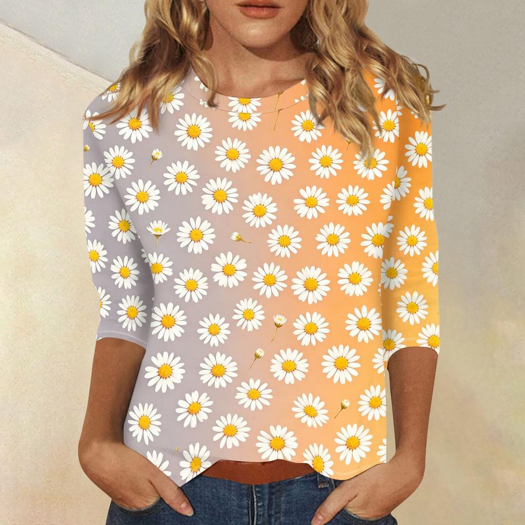 Women Casual Floral Print Round Neck Three Quarter Sleeve Top Lightweight Comfortable Fit Stylish Design Suitable for Everyday Wear